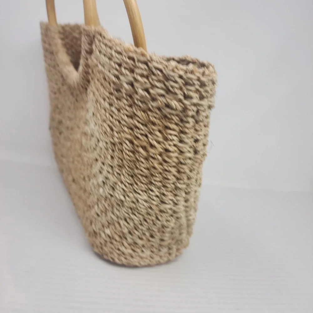 Likhang Legacies Straw Tote‎ Bag Women Medium Khaki Woven Wood Handle Boho NWT